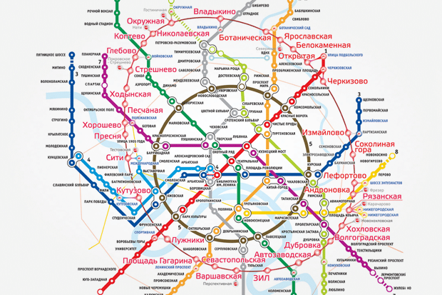 The new metro ring line and the Moscow Ring Railroad will be integrated systems to speed Moscow's public transporation. The path of the Ring Railroad is shown here with fainter, straight lines.
