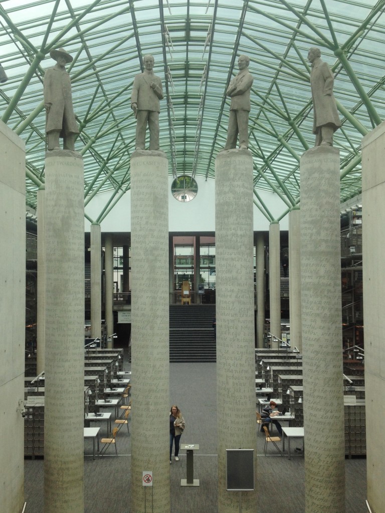 The statues of famous Polish philosophers Kazimierz Twardowski, Jan Łukasiewicz, Alfred Tarski, and Stanisław Leśniewski welcome the weary to the library.