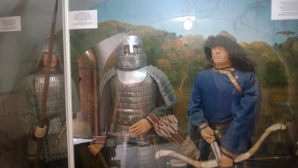 Clothing, armor, and weapons from the Mongol period on display in the museum