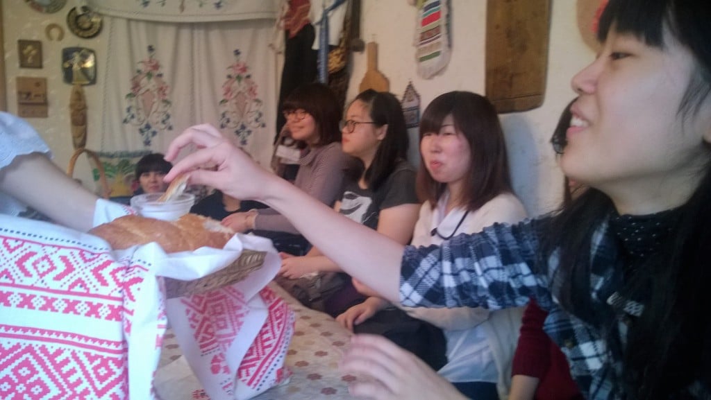 We try the Russian greeting tradition of dipping bread into salt.