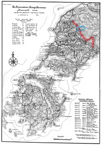 A modified map showing the northern fortress defensive line in red and Fort No. 5 circled in blue. Image slightly modified from wikimedia.org