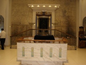 The interior of the Bol'shaya Bronnaya Synagogue, facing the Ark at the front.