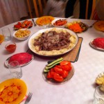 Pictured is our birthday feast! The Kazakh national dish, beshbarmak (бешбармак) is featured in the middle, and alongside it are various Russian salads.
