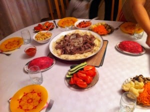 Pictured is our birthday feast! The Kazakh national dish, beshbarmak (бешбармак) is featured in the middle, and alongside it are various Russian salads.