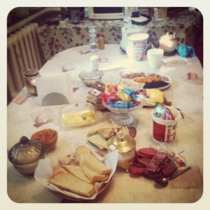 Every evening after dinner, my host family invites me back to the kitchen to “drink tea.” At the table, I am greeted with this small feast. 