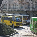 Some of Lviv’s public transport: a marshrutka and two trams.