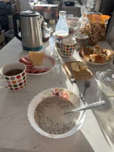 A typical homestay breakfast in Bishkek, Kyrgyzstan.